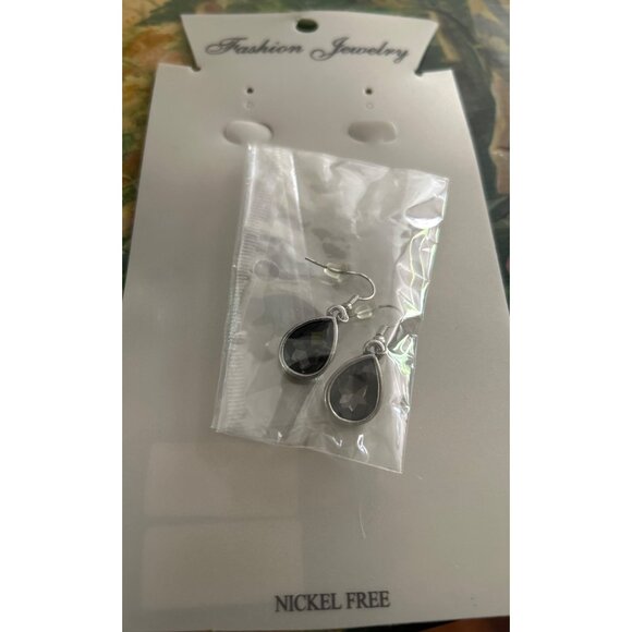 Teardrop Crystal Statement Necklace & Earring Set Nickel Free Silver Black Clear - Picture 3 of 5